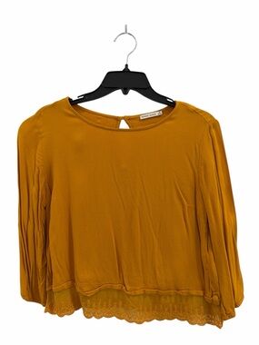 Bershka Mustard Yellow Long Sleeve Blouse with Scalloped Eyelet Hem